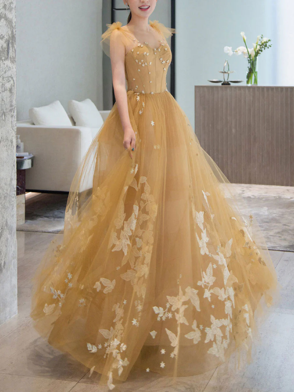 Elegant Tulle Lace A Line Long Prom Dress, Tulle Lace Graduation Dresses - Deanwangkt