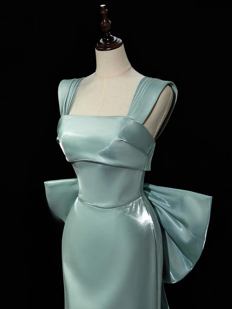 Simple hydra Satin Bow Tie Green Long Prom Dress, Green Long Formal Dress - Deanwangkt