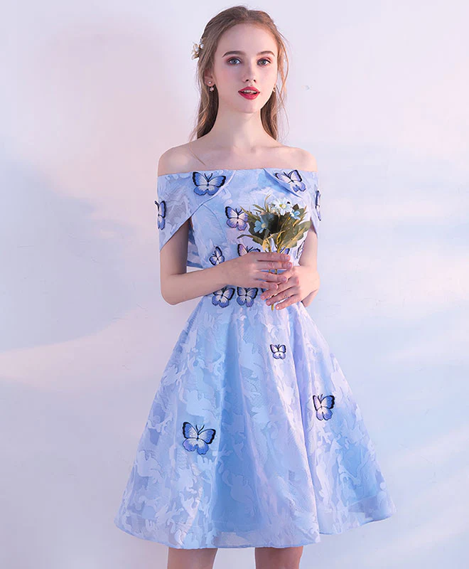 Blue Lace Short Prom Dress, Blue Cute Homecoming Dress - Deanwangkt