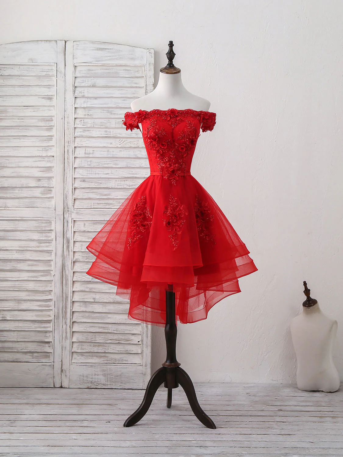 Red Tulle Lace Off Shoulder Short Prom Dress, Red Homecoming Dress - Deanwangkt