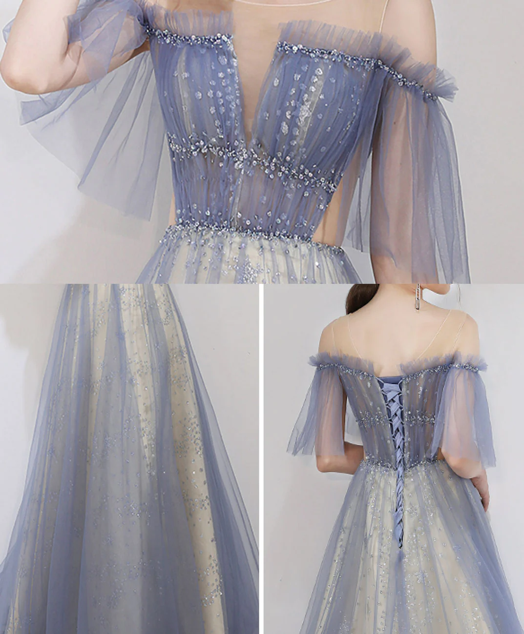 Blue Round Neck Tulle Lace Long Prom Dress, Blue Long Evening Dress - Deanwangkt