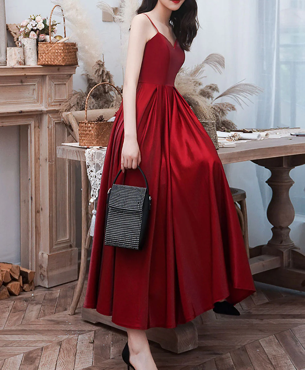 Simple Burgundy Sweetheart Neck Prom Dress, Burgundy Tea Length Evening Dress - Deanwangkt