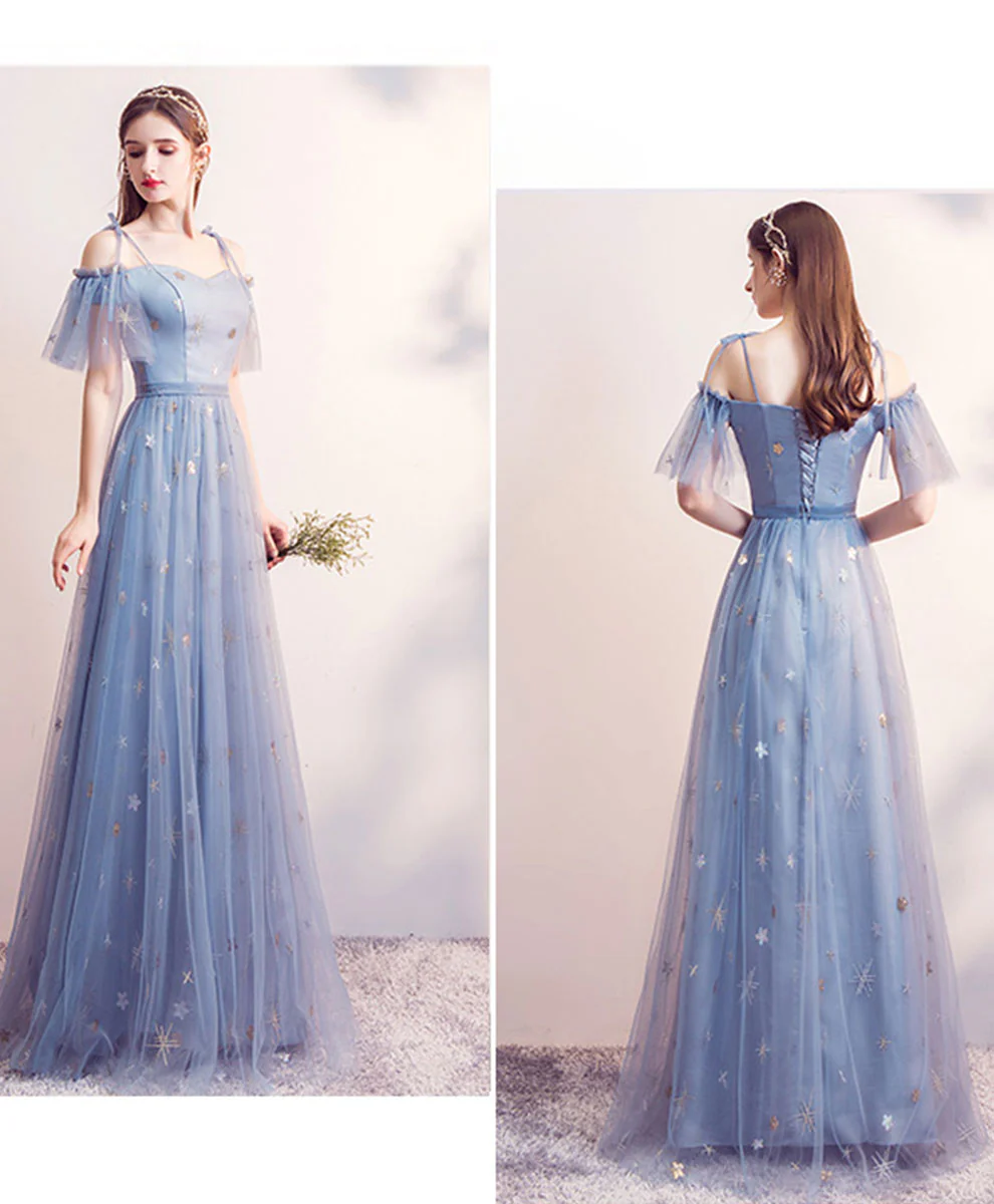 Blue Tulle Long Prom Dress, Blue Aline Bridesmaid Dress - Deanwangkt