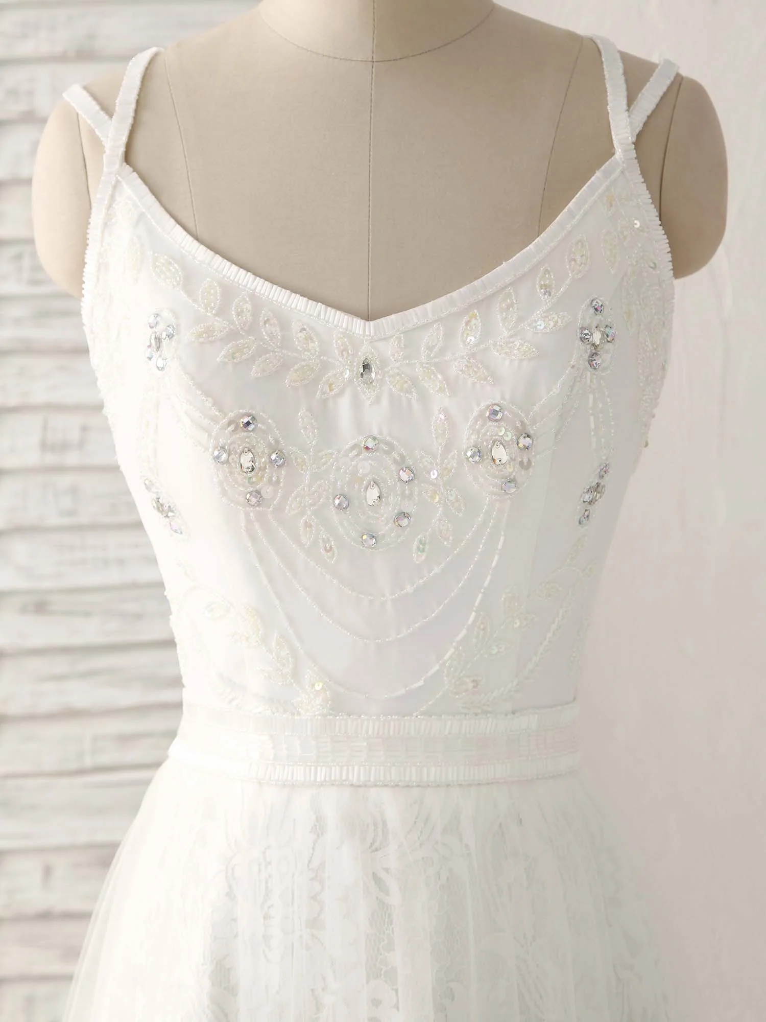 White V Neck Tulle Lace Long Prom Dress White Evening Dress - Deanwangkt