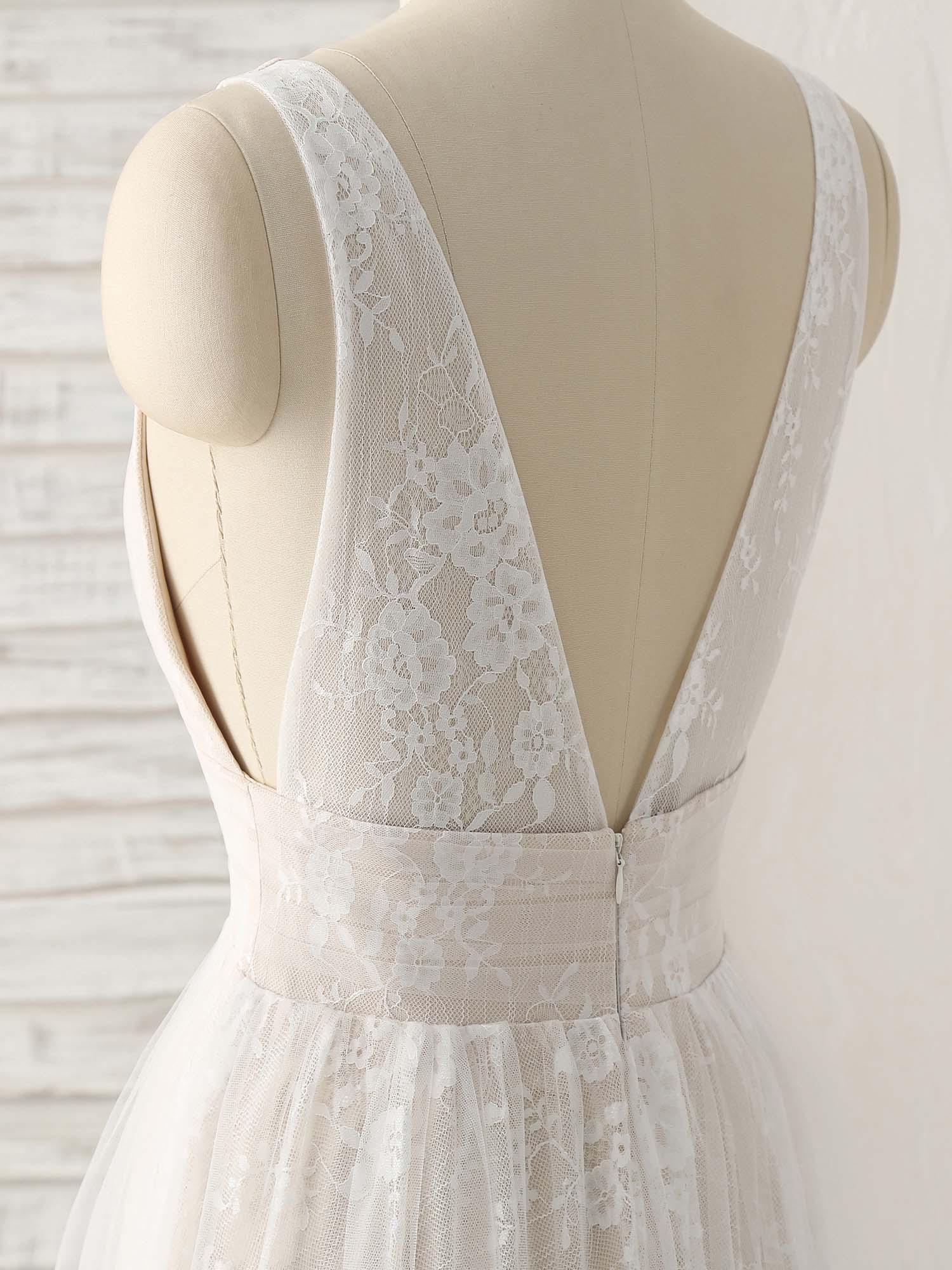 White V Neck Lace Long Prom Dress Backless Lace Evening Dress - Deanwangkt