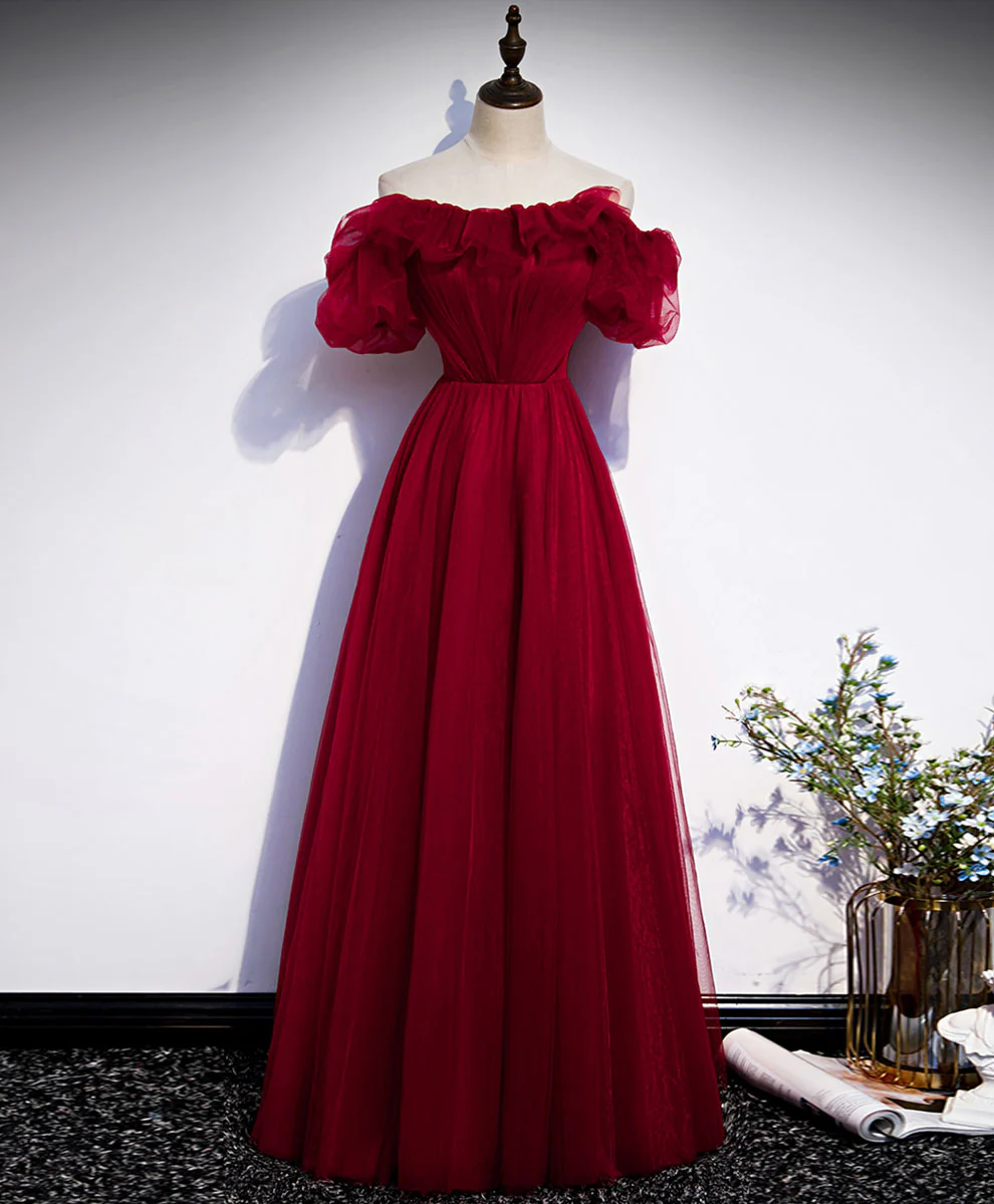 Simple A line Burgundy Long Prom Dress, Burgundy Wedding Party Dress - Deanwangkt