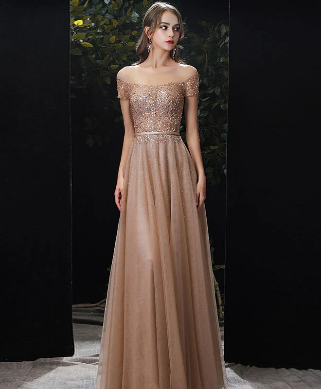 Gold Tulle Sequin Long Prom Dress, Champagne Tulle Formal Graduation Dress - Deanwangkt