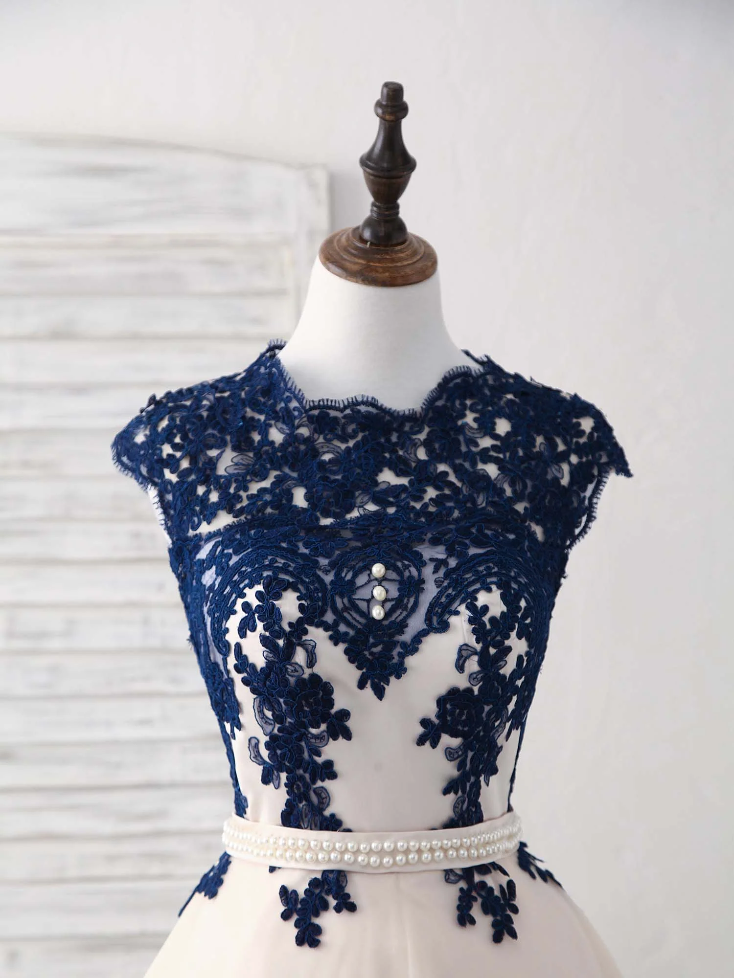Dark Blue Lace Tulle Short Prom Dress Blue Bridesmaid Dress - Deanwangkt