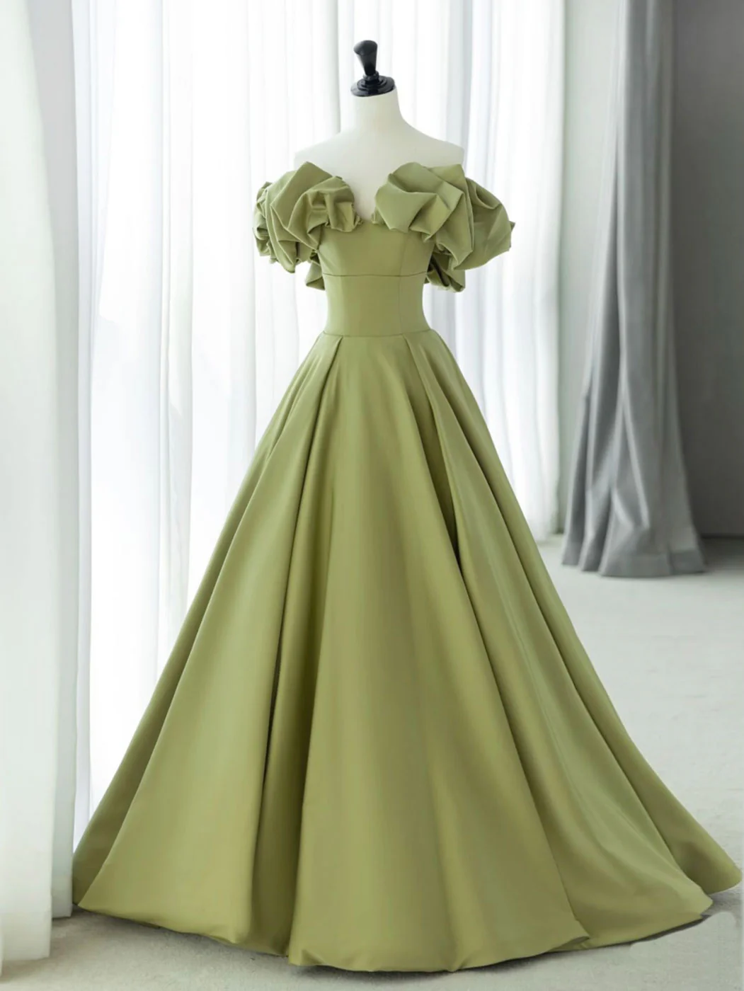 Green A-Line Satin Long Prom Dresses, Green Formal Evening Dress - Deanwangkt