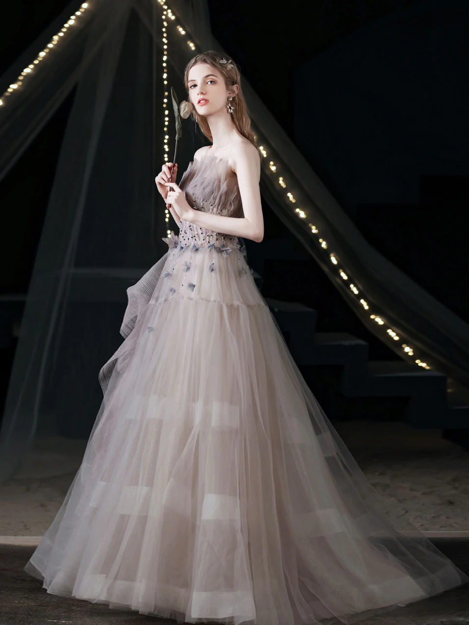 Unique Tulle Beads Long Prom Dress, Light Purple Tulle Evening Dress - Deanwangkt