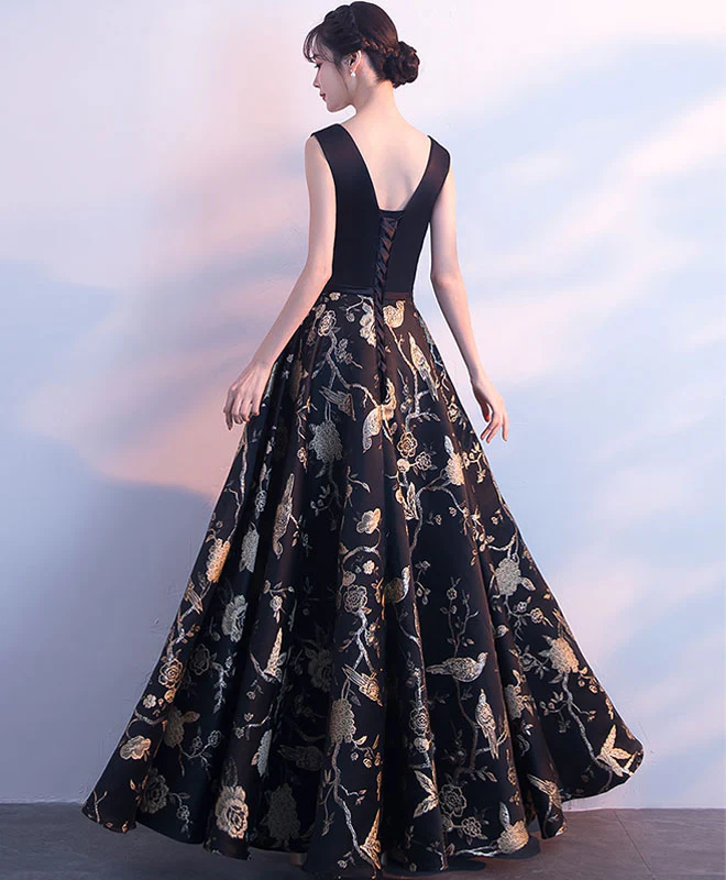 Black V Neck Floral Pattern Long Prom Dress, Evening Dress - Deanwangkt