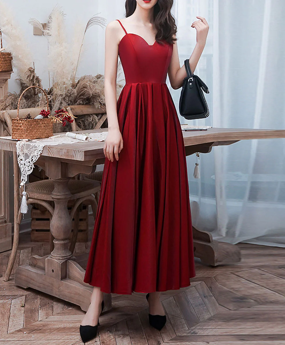 Simple Burgundy Sweetheart Neck Prom Dress, Burgundy Tea Length Evening Dress - Deanwangkt