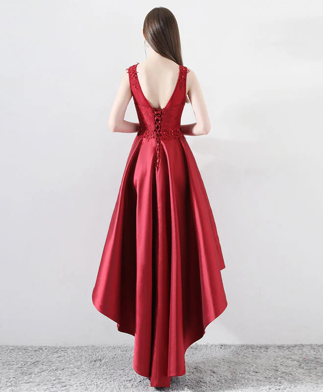 Burgundy Round Neck Lace Prom Dress, Burgundy Bridesmaid Dress - Deanwangkt