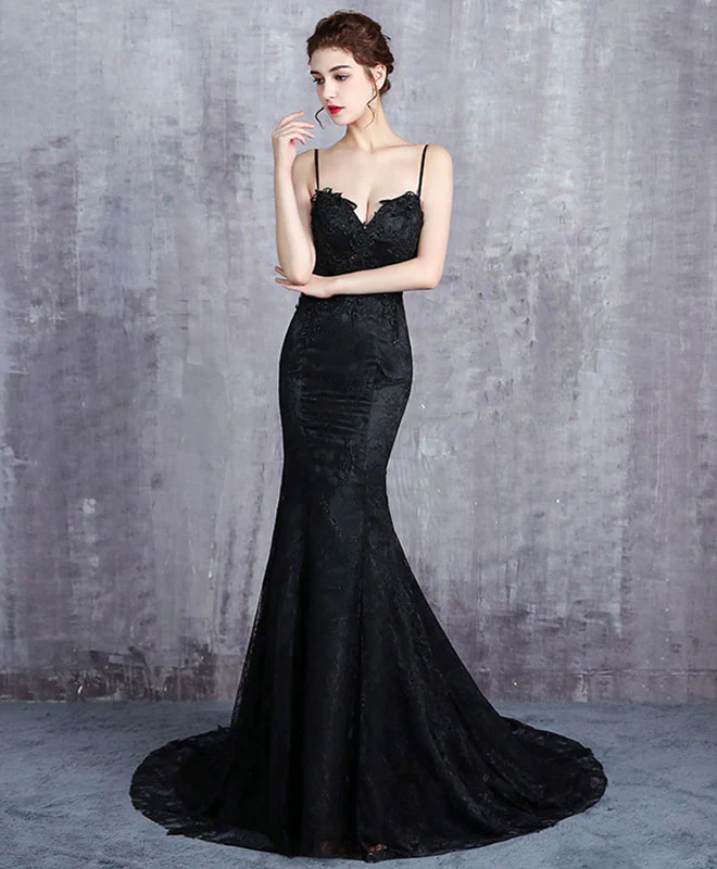 Black Lace Long Prom Dress, Mermaid Evening Dress - Deanwangkt