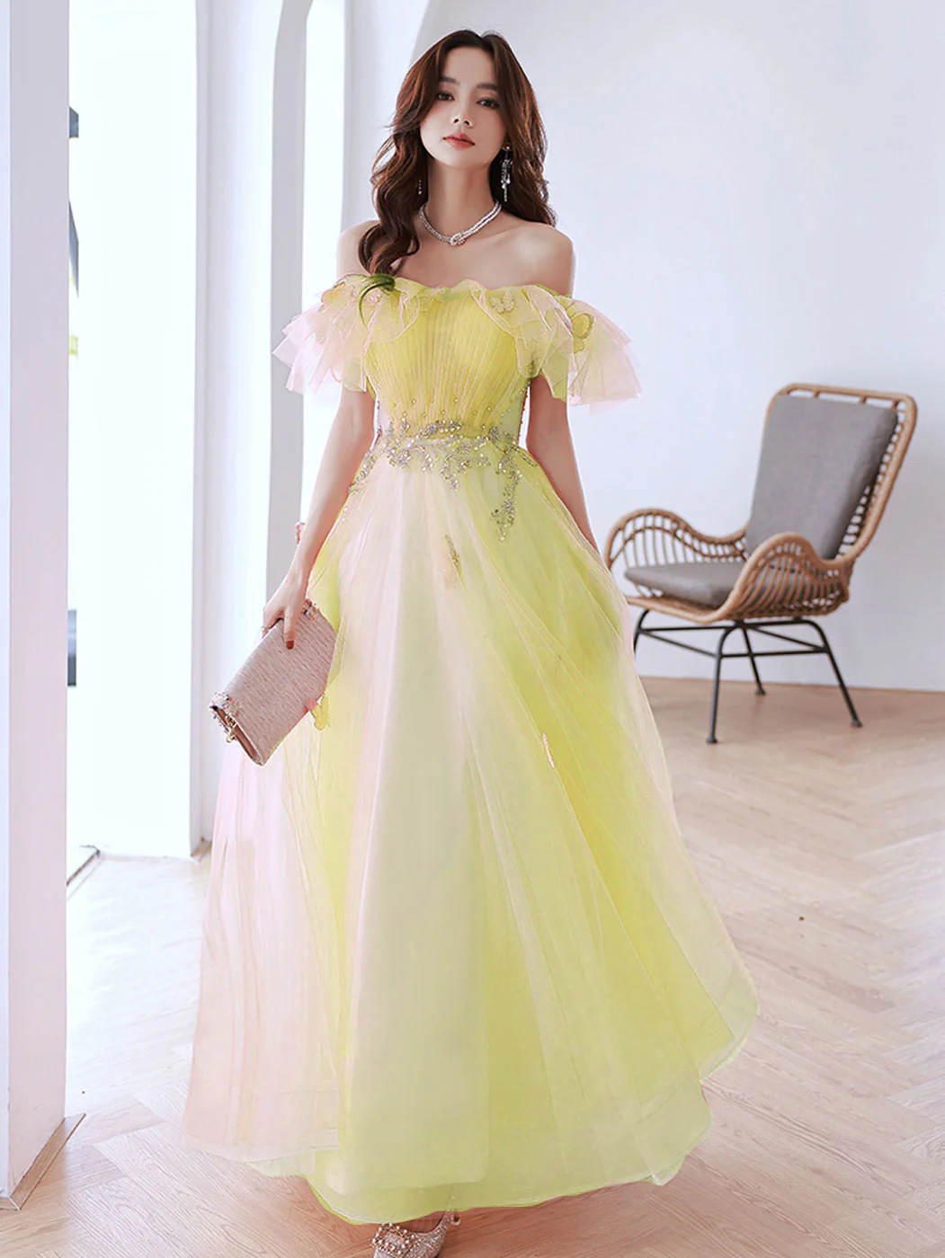 Pink Off Shoulder Tulle Long Prom Dress, Pink Tulle Formal Dress - Deanwangkt