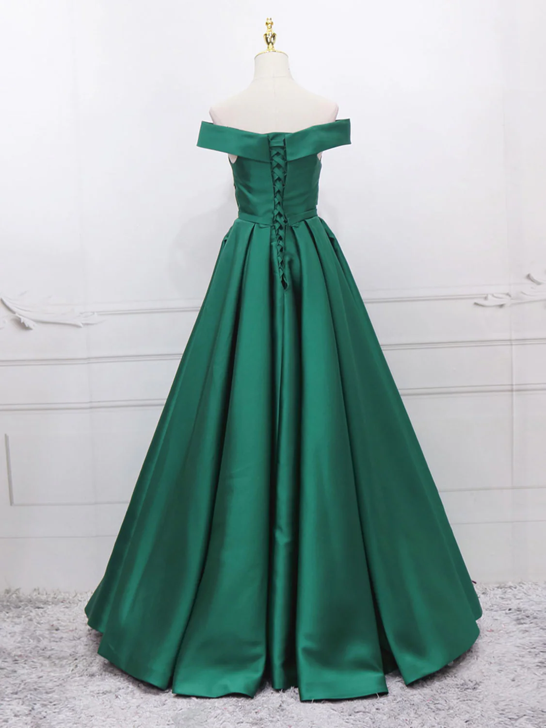 A-Line Off Shoulder Green Satin Long Prom Dresses, Green Evening Dresses - Deanwangkt