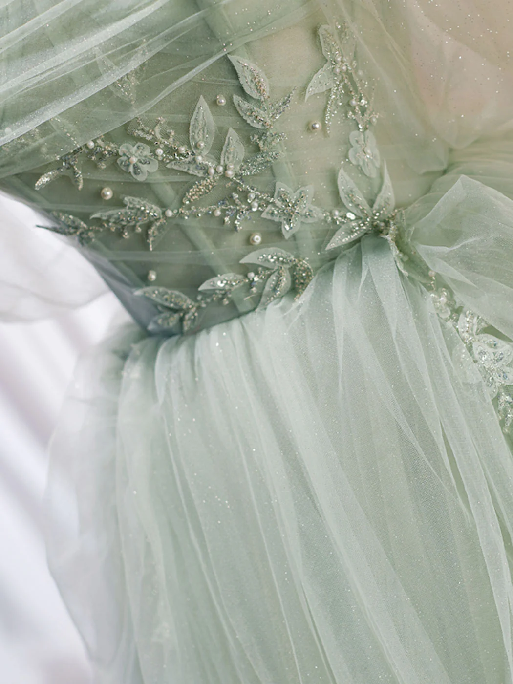 A-Line Off Shoulder Tulle Green Long Prom Dresses, Green Formal Dress with Beading - Deanwangkt