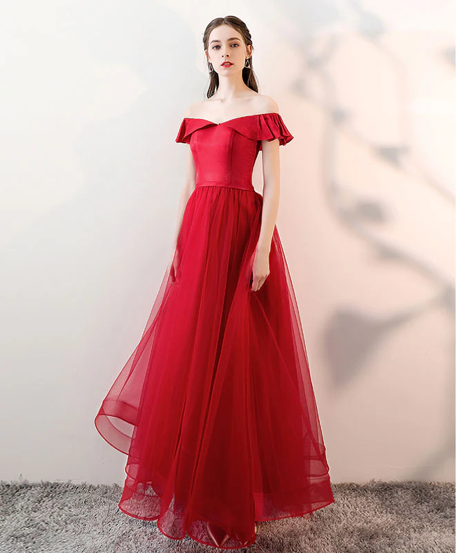 Simple Burgundy Tulle Long Prom Dress, Burgundy Tulle Evening Dress - Deanwangkt