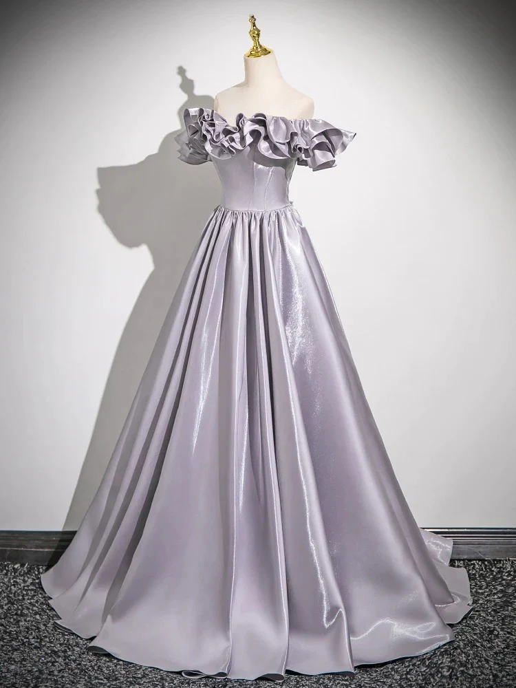 A-Line Off Shoulder Satin Gray Long Prom Dress, Gray Long Formal Dress - Deanwangkt
