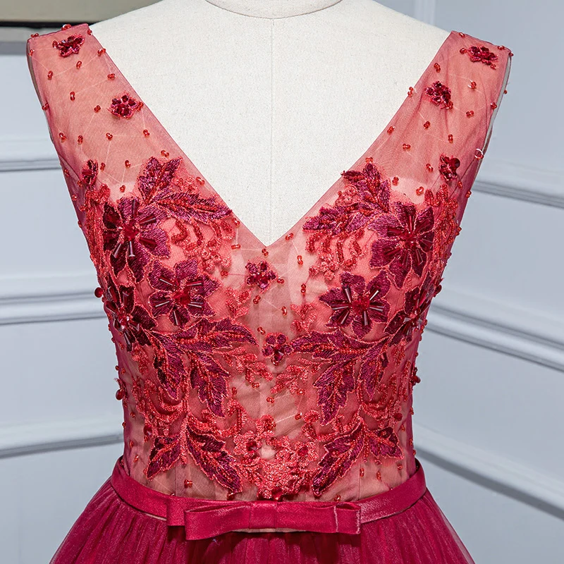 Burgundy V Neck Tulle Lace Long Prom Dress, Burgundy Evening Dress - Deanwangkt