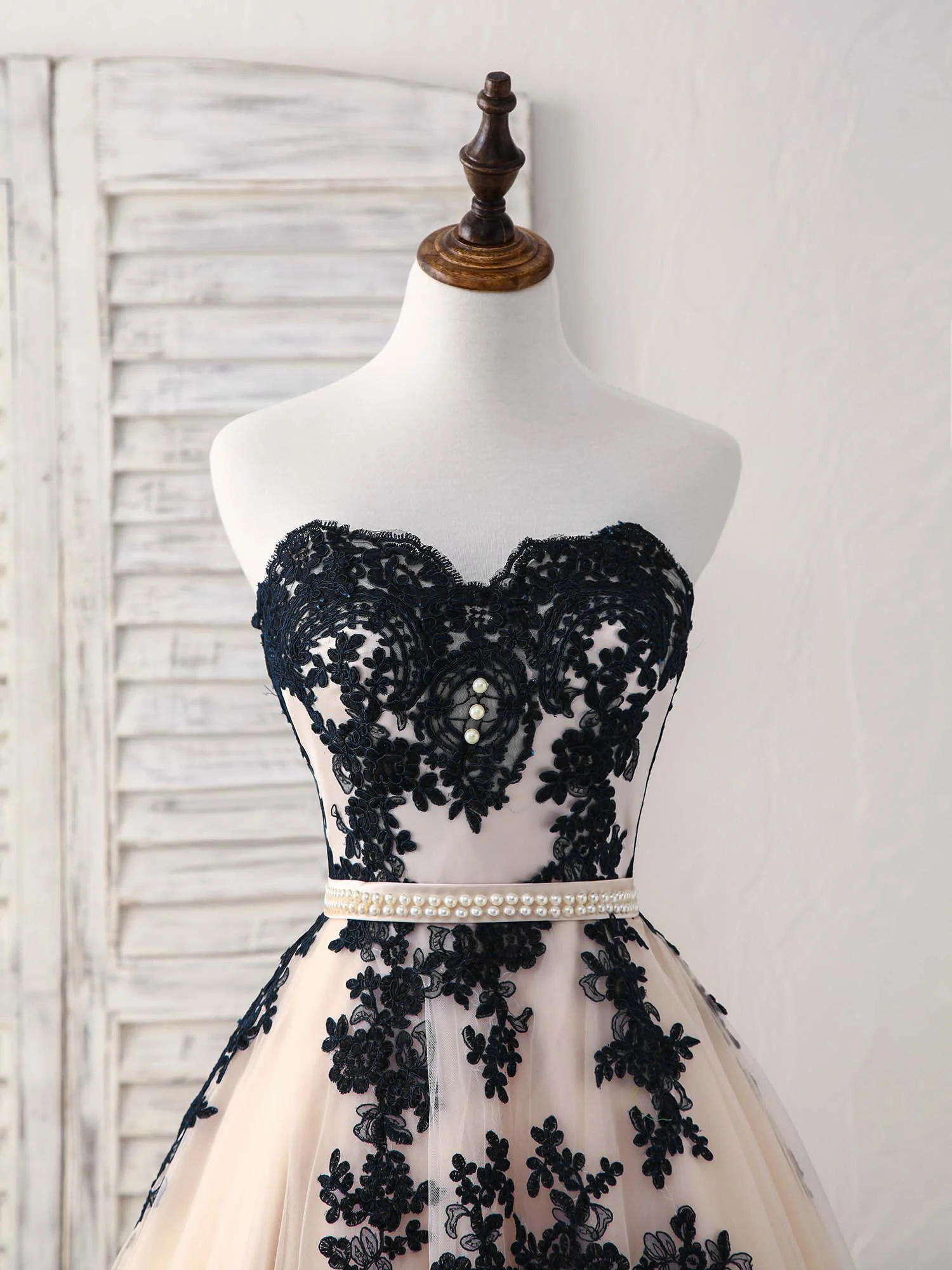 Black Tulle Lace Applique Long Prom Dress, Black Evening Dress - Deanwangkt