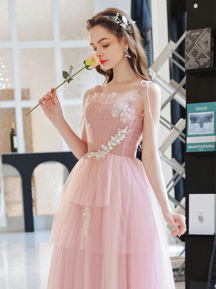 Pink Tulle A line Long Prom Dress, Pink Tulle Evening Dresses - Deanwangkt