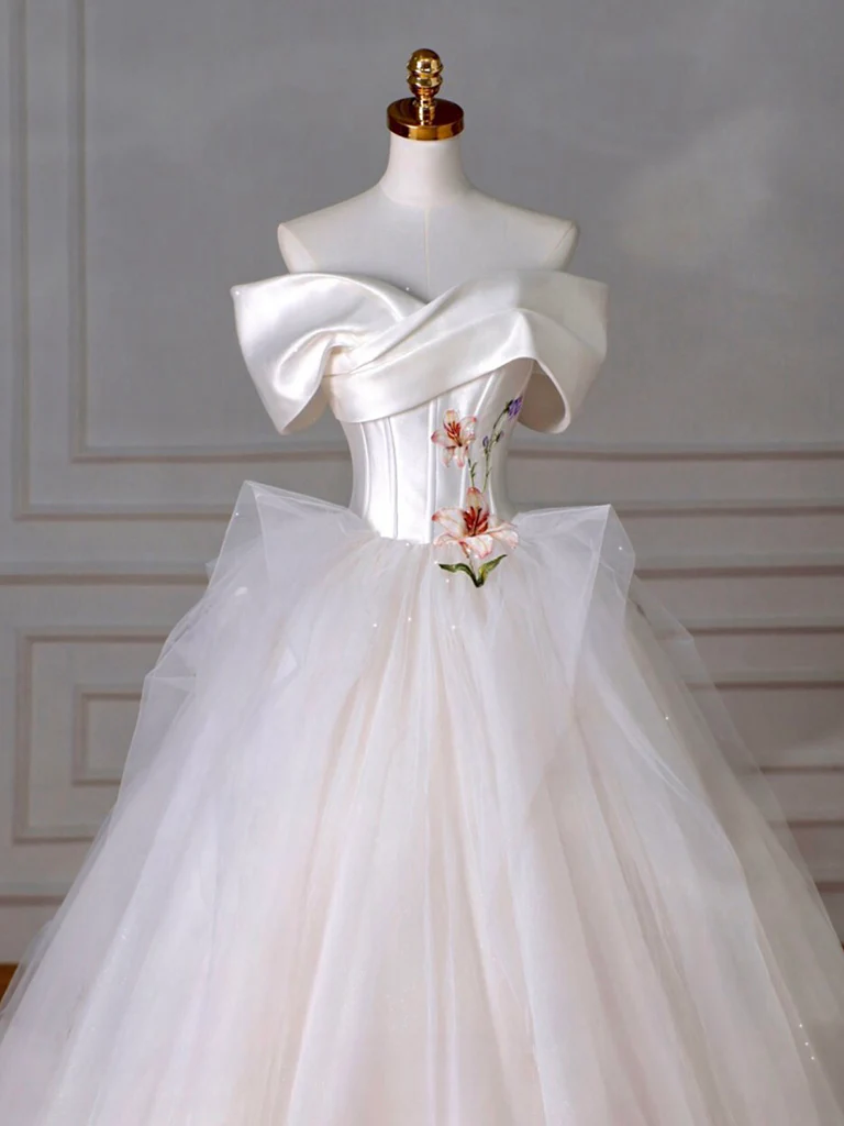 A-Line Off Shoulder Tulle Beige Long Prom Dress, Beige Tulle Long Formal Dress - Deanwangkt