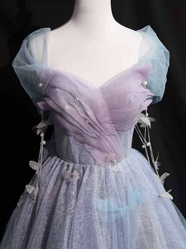 A-Line Off Shoulder Tulle Purple Short Prom Dress, Purple Homecoming Dress - Deanwangkt