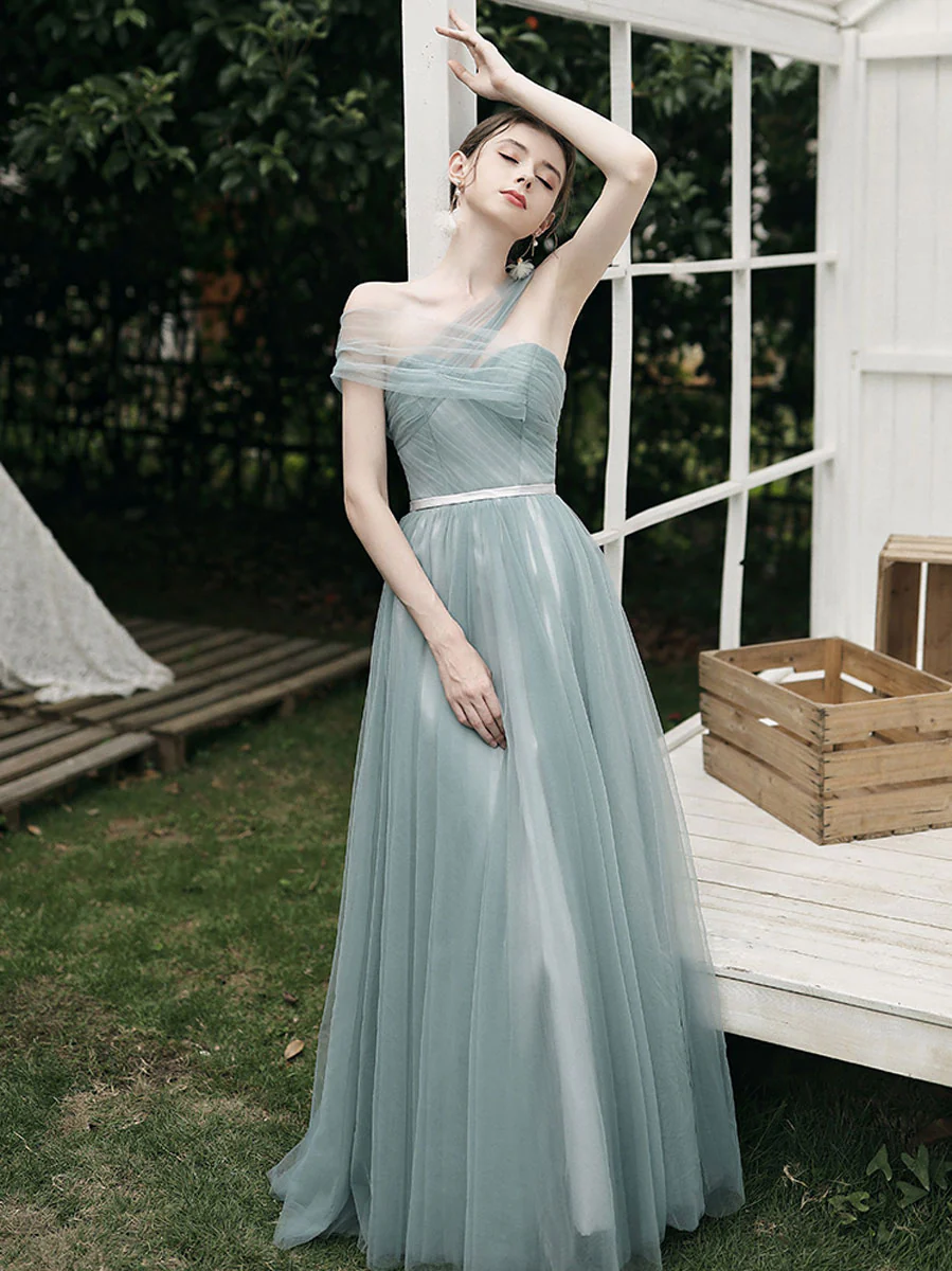 Simple A line Green Tulle Long Prom Dress, Green Tulle Bridesmaid Dresses - Deanwangkt