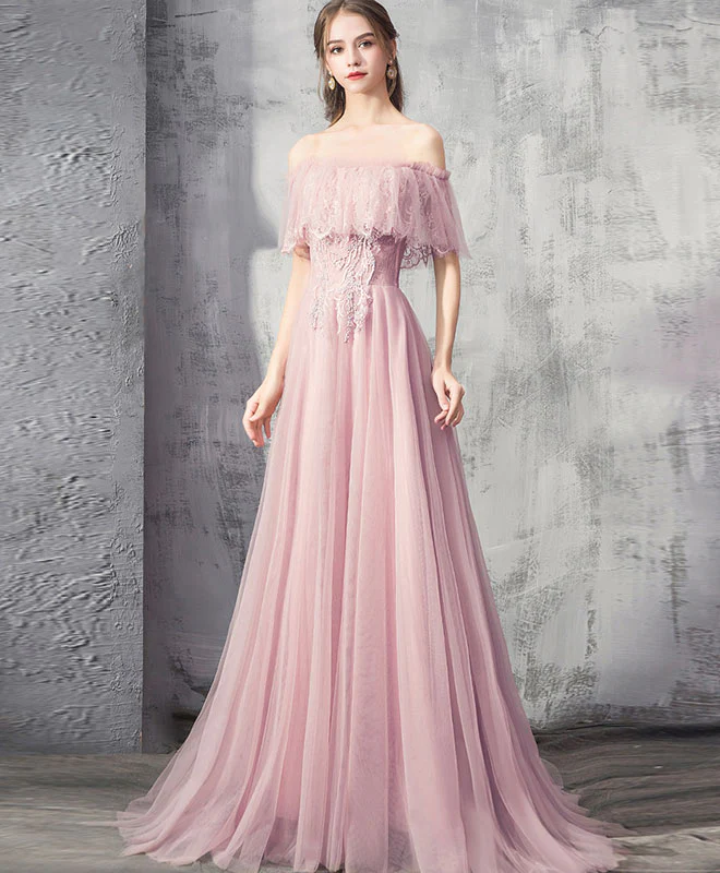 Pink Tulle Lace Long Prom Dress Pink Tulle Formal Dress - Deanwangkt