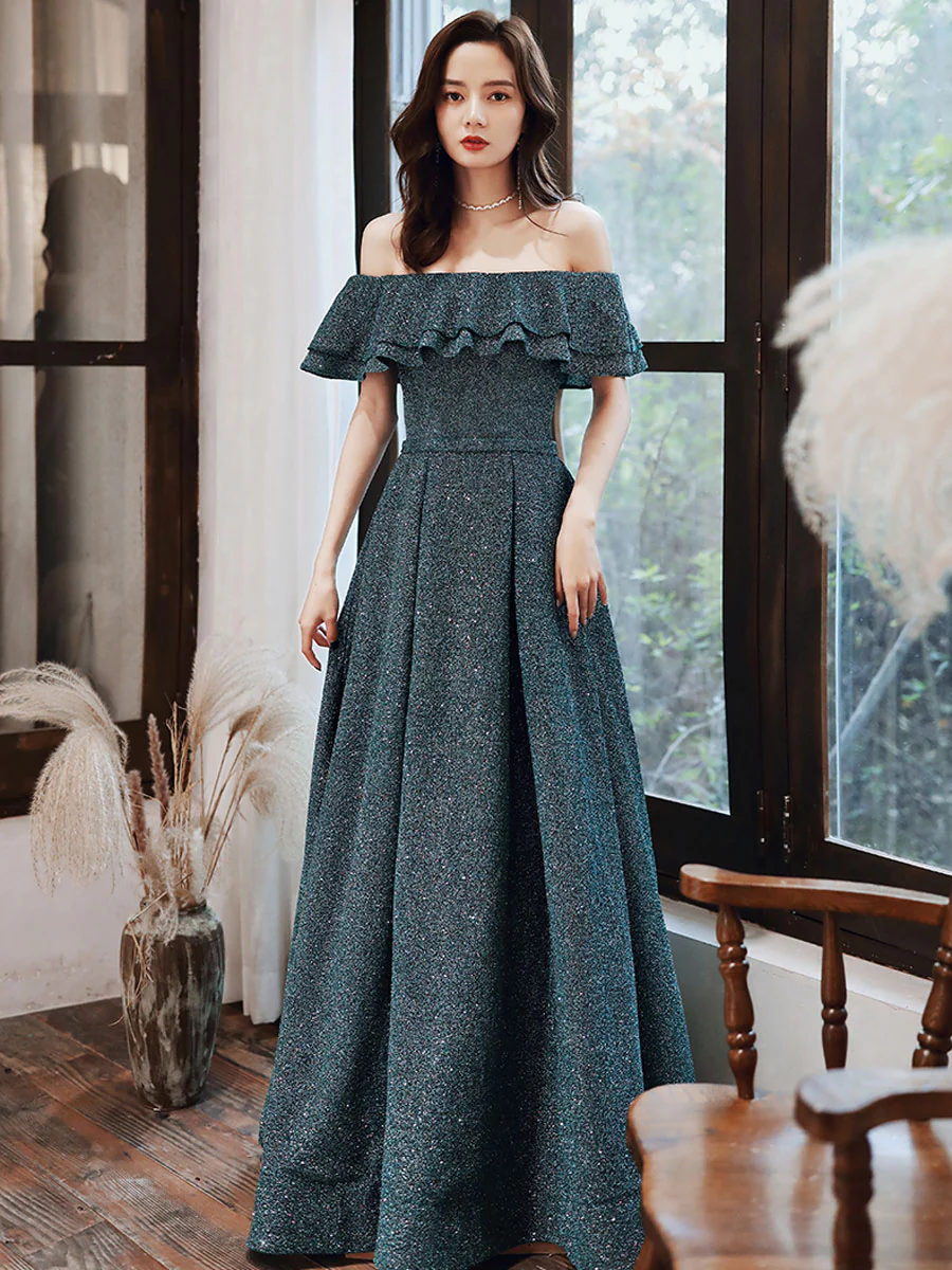 Simple Green Off Shoulder Long Prom Dress, Green Formal Graduation Dresses - Deanwangkt