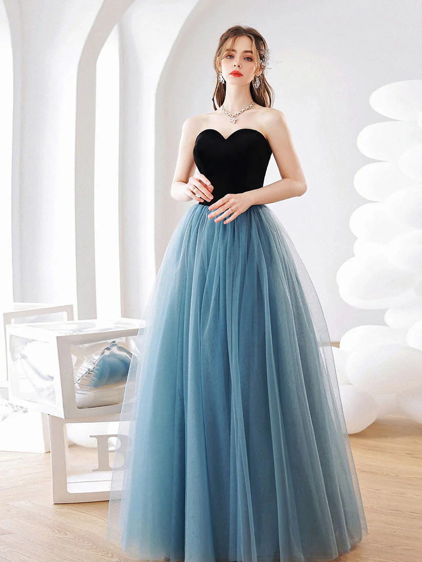 Aline Blue Tulle Long Prom Dress, Blue Long Graduation Dresses - Deanwangkt