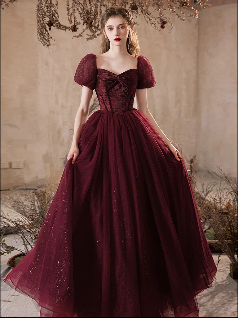A-Line Puff Sleeves Tulle Burgundy Long Prom Dress, Burgundy Long Formal Dress - Deanwangkt