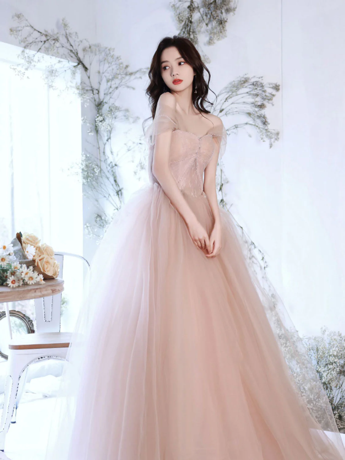 A Line Off Shoulder Pink Long Prom Dress, Pink Graduation Dress with Beading Lace - Deanwangkt