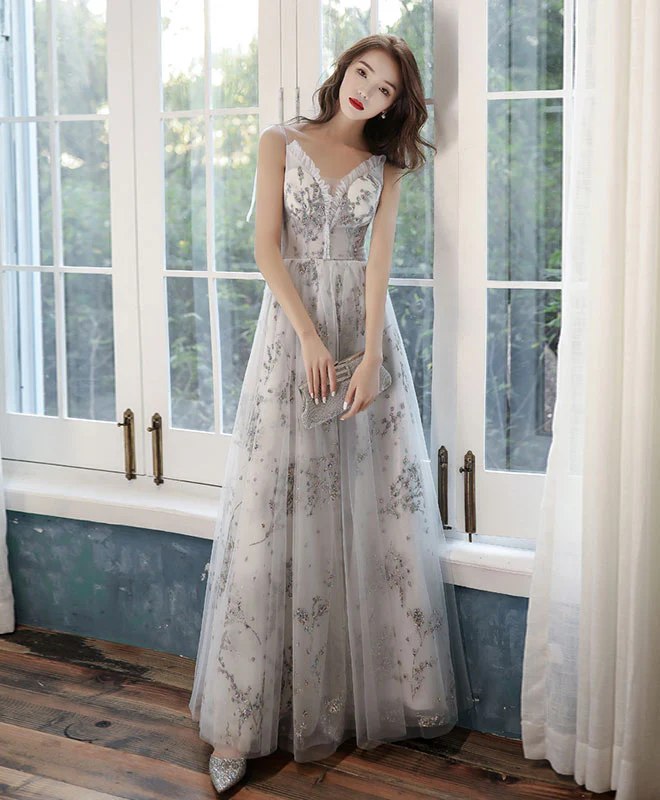 Gray Tulle Lace Long Prom Dress Gray Tulle Lace Formal Dress - Deanwangkt