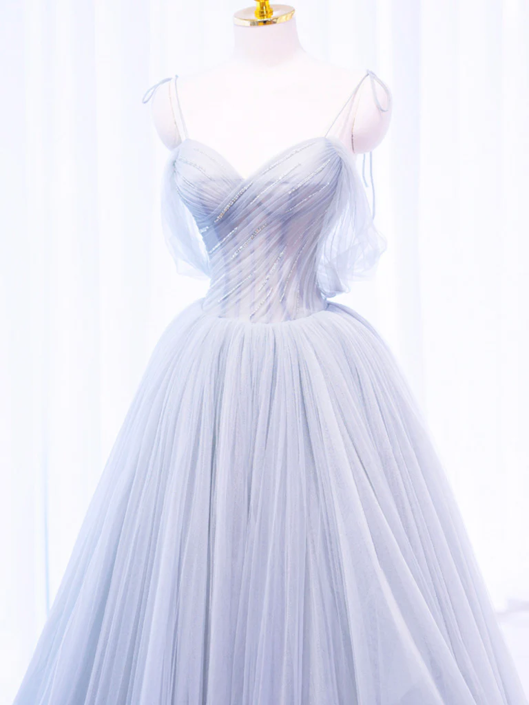 A-Line Off Shoulder Tulle Sequin Gray Long Prom Dress, Gray Tulle Formal Dress - Deanwangkt