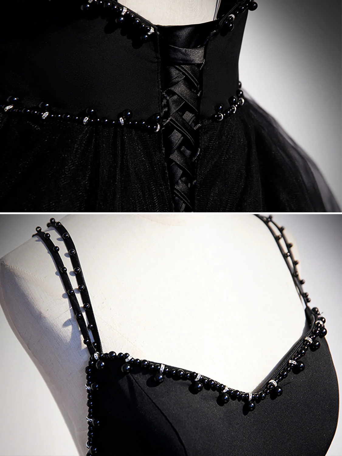 Black V Neck Tulle Long Prom Dress, Black Formal Graduation Dress with Beading - Deanwangkt