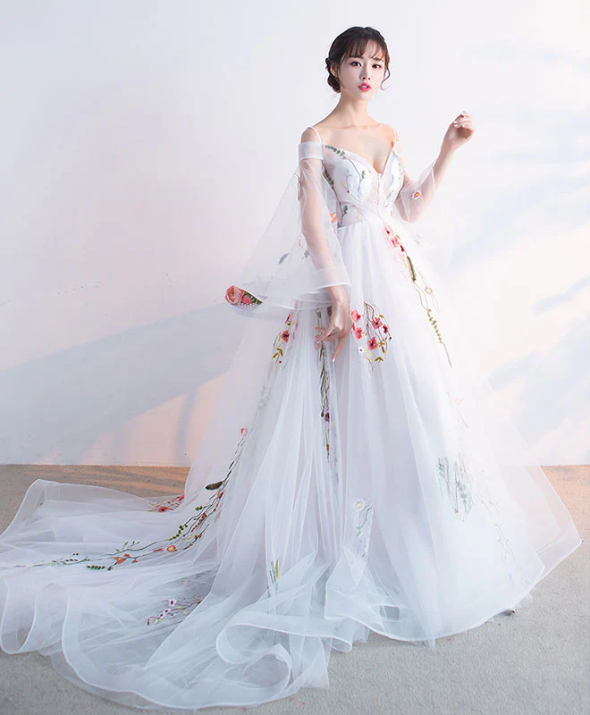 White Tulle Applique Long Prom Dress, White Evening Dress - Deanwangkt