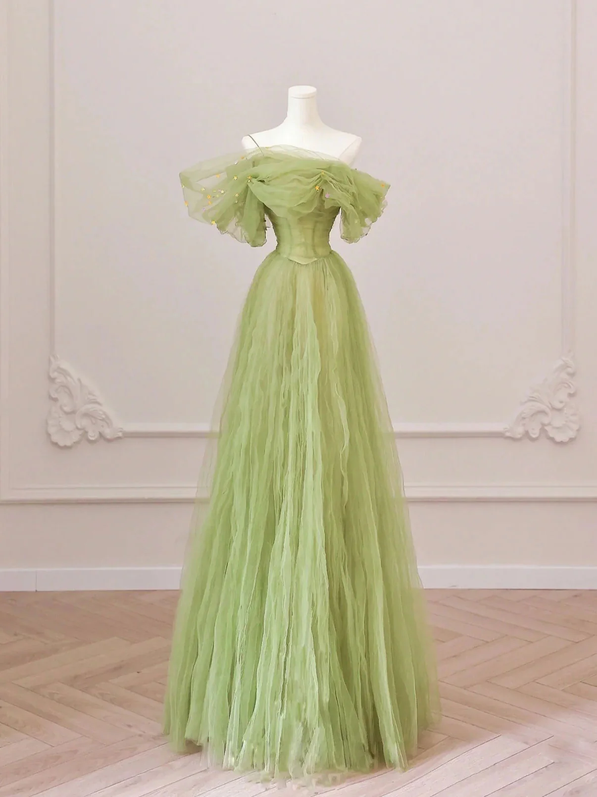 Green Tulle Off Shoulder Long Prom Dresses, Green Tulle Formal Evening Dress - Deanwangkt