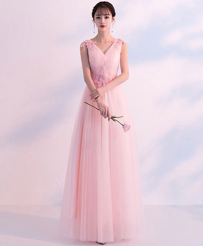 Pink V Neck Tulle Long Prom Dress, Pink Tulle Bridesmaid Dress - Deanwangkt