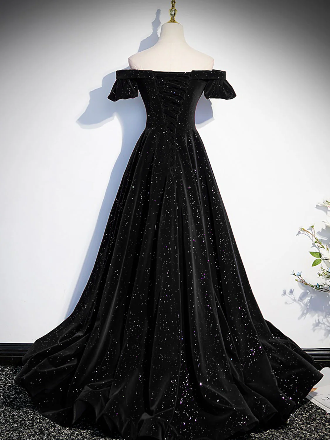 A-Line Off Shoulder Velvet Black Long Prom Dresses, Black Formal Evening Dress - Deanwangkt