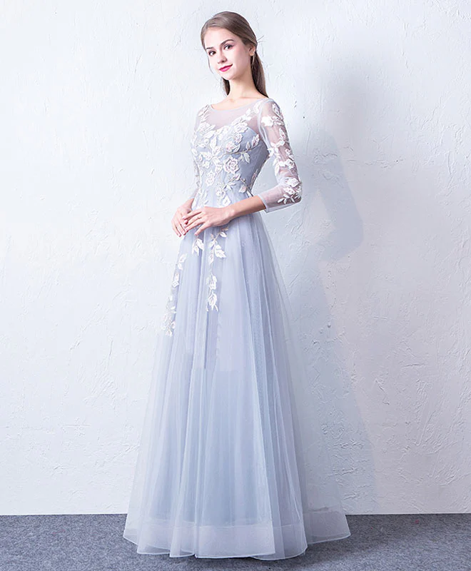 Gray Blue Cute Round Neck Lace Applique Tulle Long Prom Dress, Evening Dress - Deanwangkt