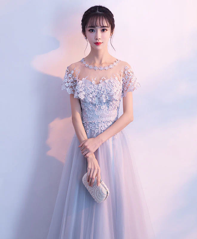 Unique Gray Tulle Long Prom Dress, Lace Evening Dress - Deanwangkt