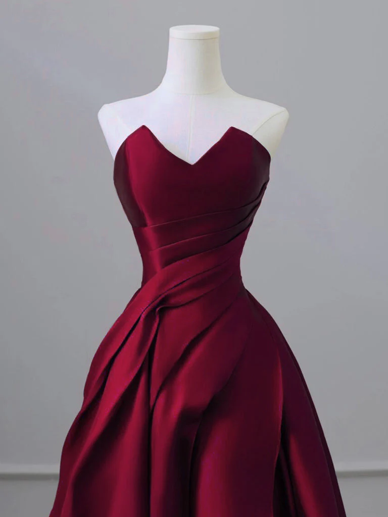 A-Line V Neck Satin Burgundy Long Prom Dress, Burgundy Long Formal Dress - Deanwangkt