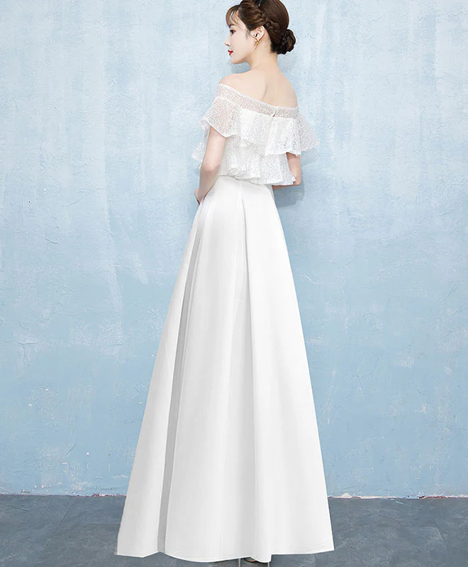 White A-Line Lace Satin Long Prom Dress, White Evening Dress - Deanwangkt