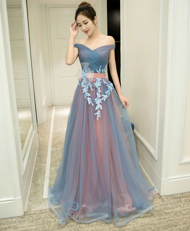 Gray Blue Tulle Off Shoulder Long Prom Dress, Gray Blue Evening Dress - Deanwangkt