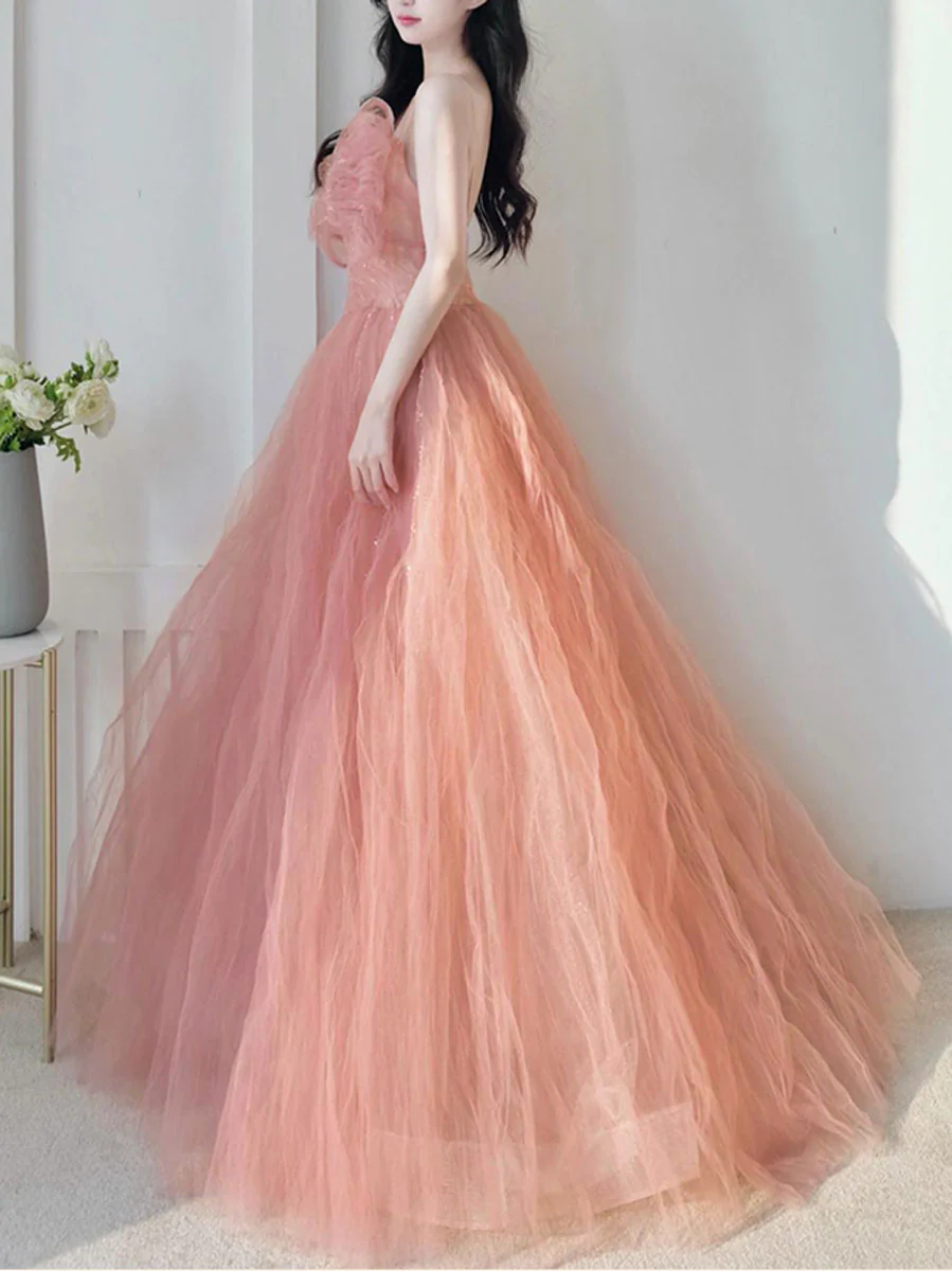A line Pink Long Prom Dresses, Tulle Long Formal Graduation Dresses With Sequin Beading - Deanwangkt