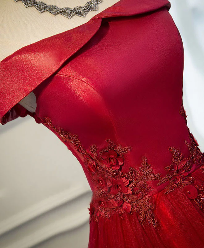 Burgundy Lace Tulle Long Prom Dress, Off Shoulder Evening Dress - Deanwangkt