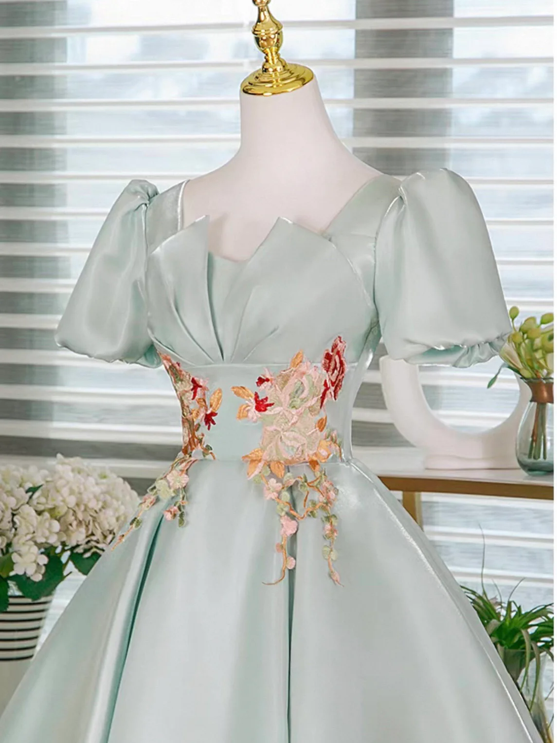 Light Green Satin Lace Applique Short Prom Dress, Cute Homecoming Dress - Deanwangkt