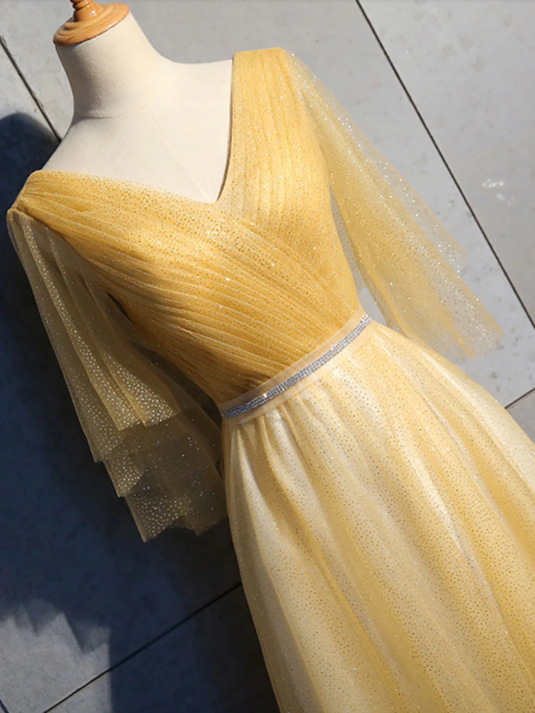Simple V Neck Tulle Sequin Long Prom Dress, A line Tulle Evening Dresses - Deanwangkt